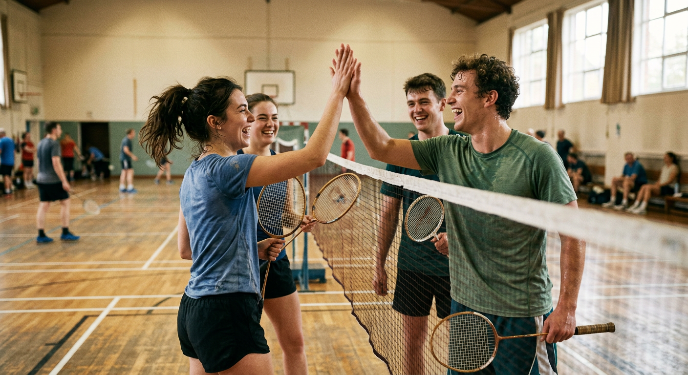 Badminton players laughing together courtside