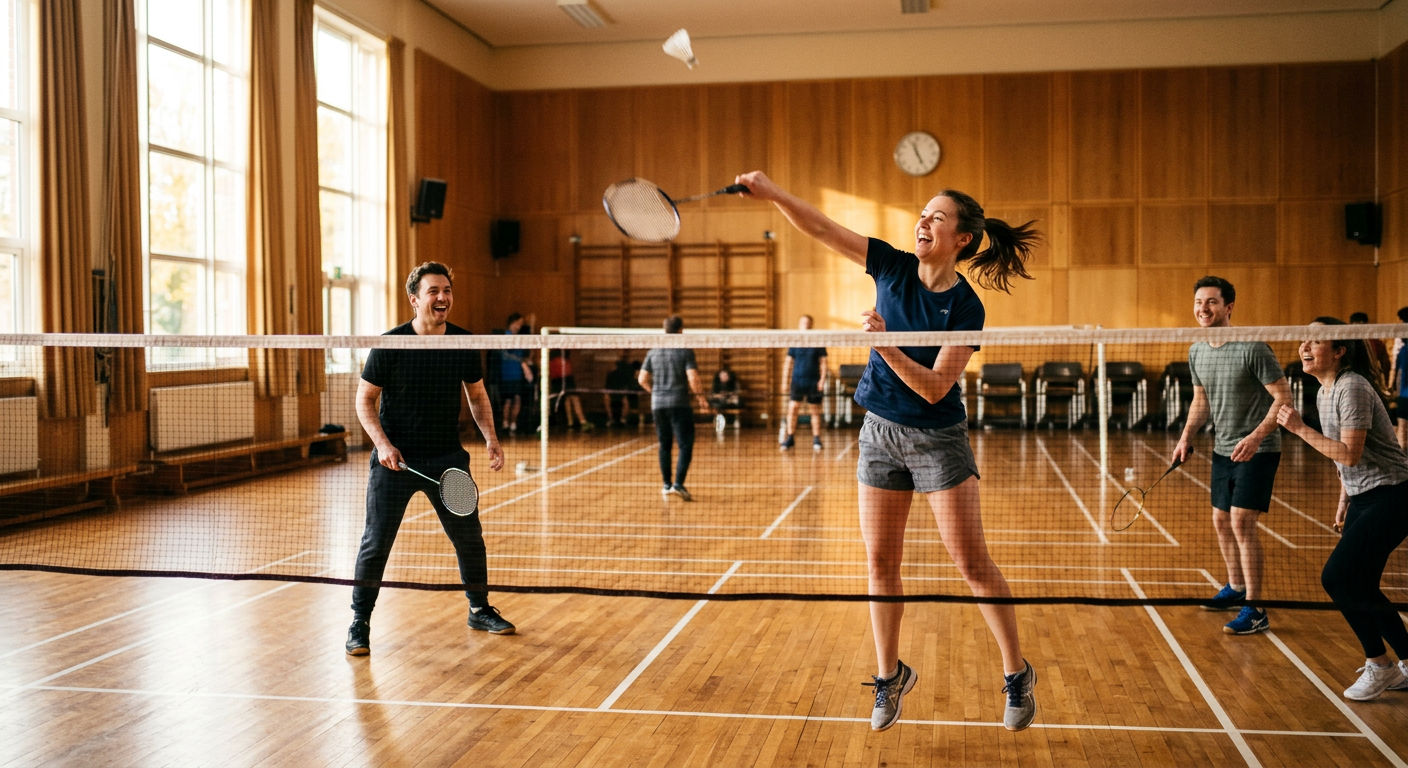 Friends playing casual doubles badminton in a bright sports hall