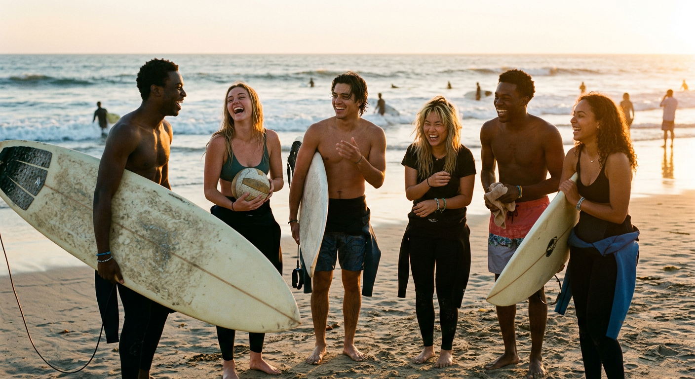 Friends laughing on the beach with surfboards at golden hour