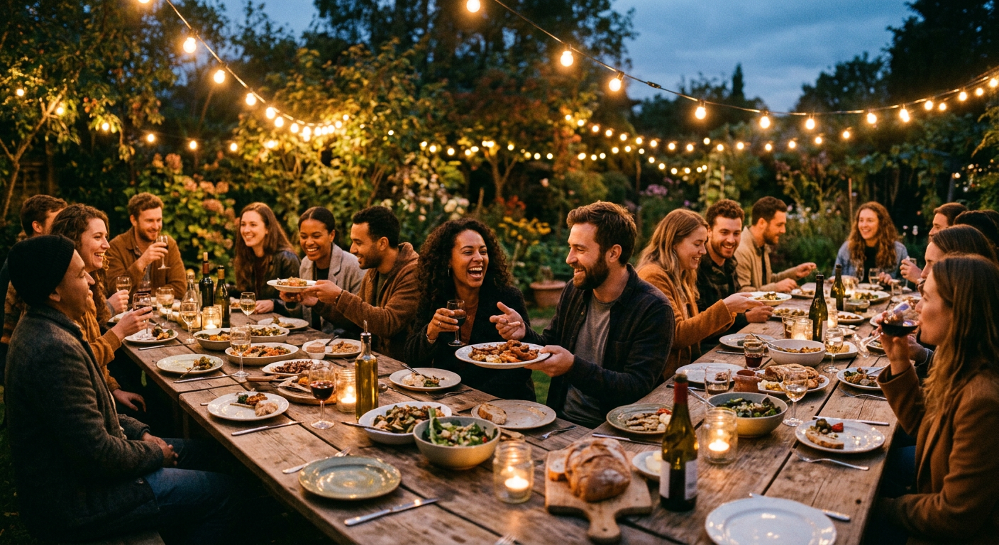 A long table of friends sharing dinner