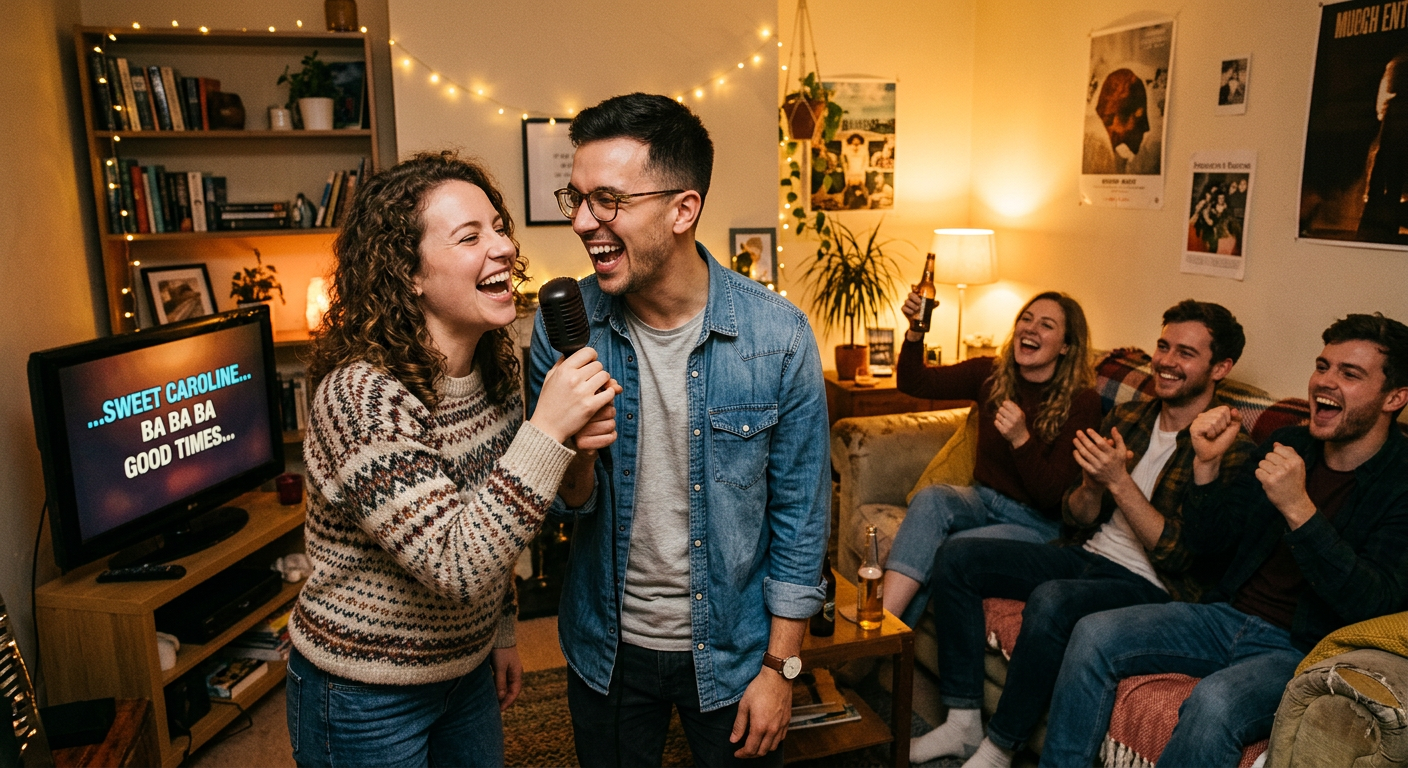 Friends singing together at a karaoke night