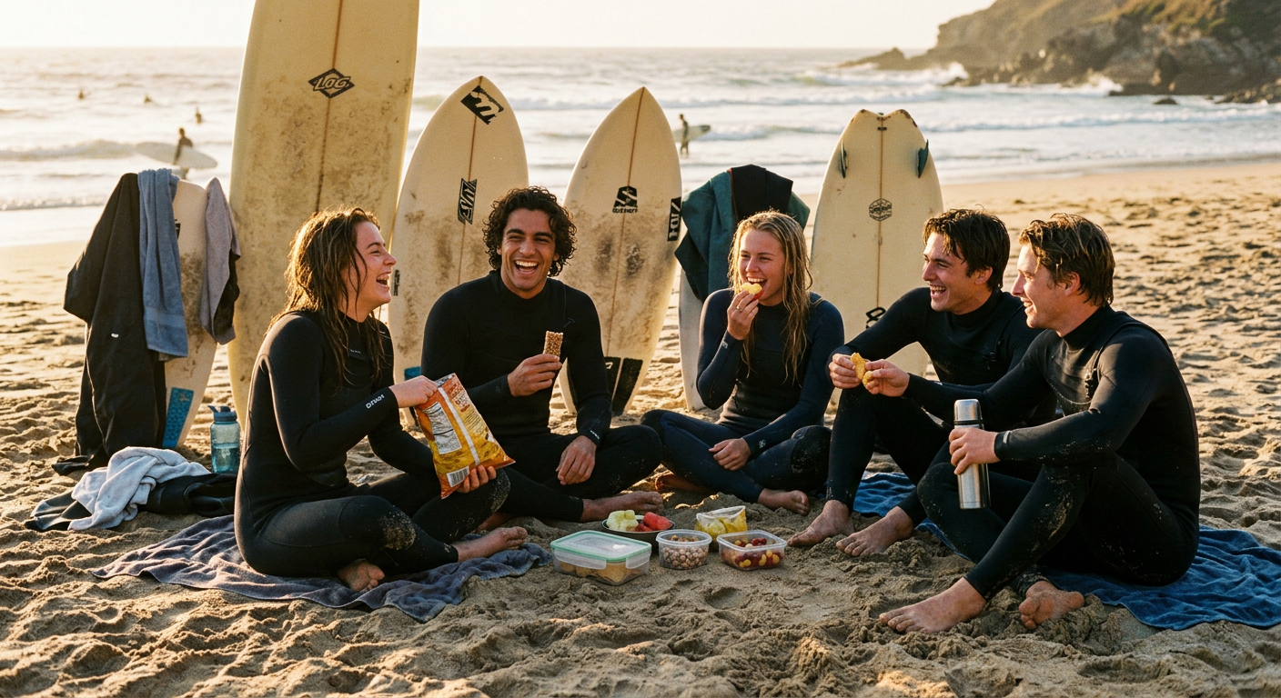 Surfers in wetsuits sharing snacks on the sand
