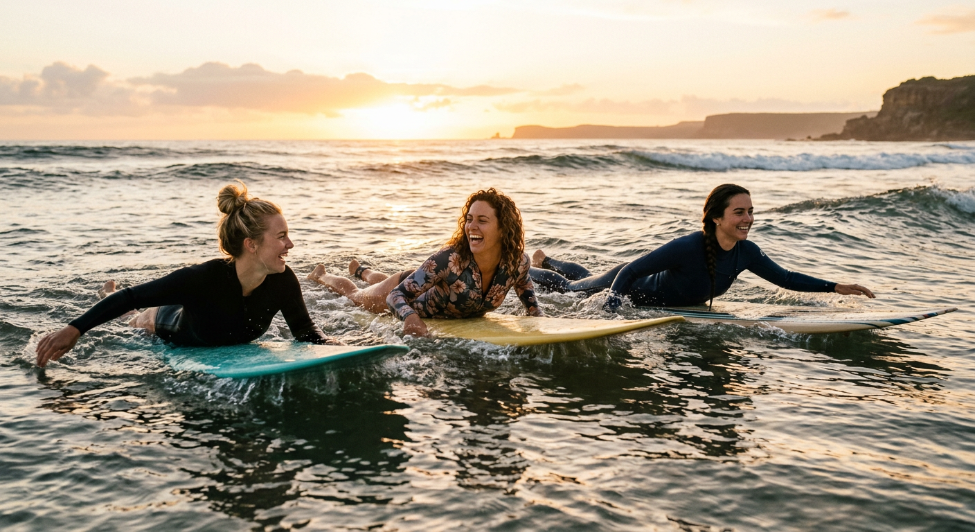 Three friends paddling out on surfboards at sunrise